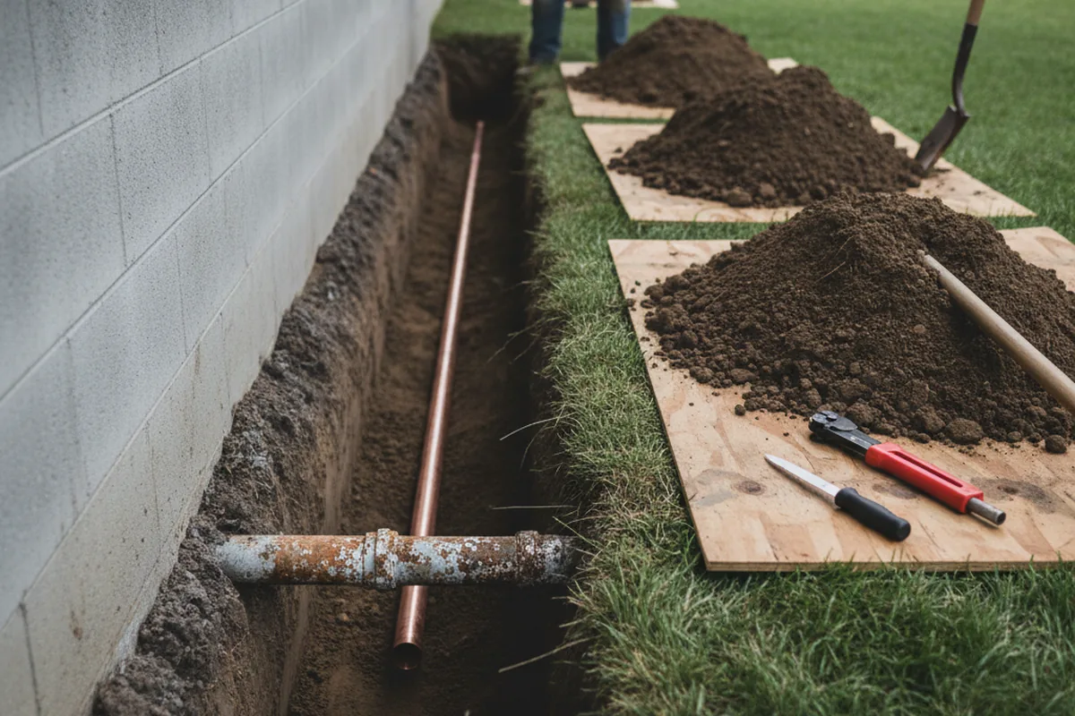 Excavated water line trench during Water Heater Repair in Beech Grove